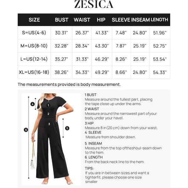 ZESICA Womens Short Sleeve Jumpsuits Dressy Summer Casual Fashion Outfits One Piece Wide Leg RompersBlack