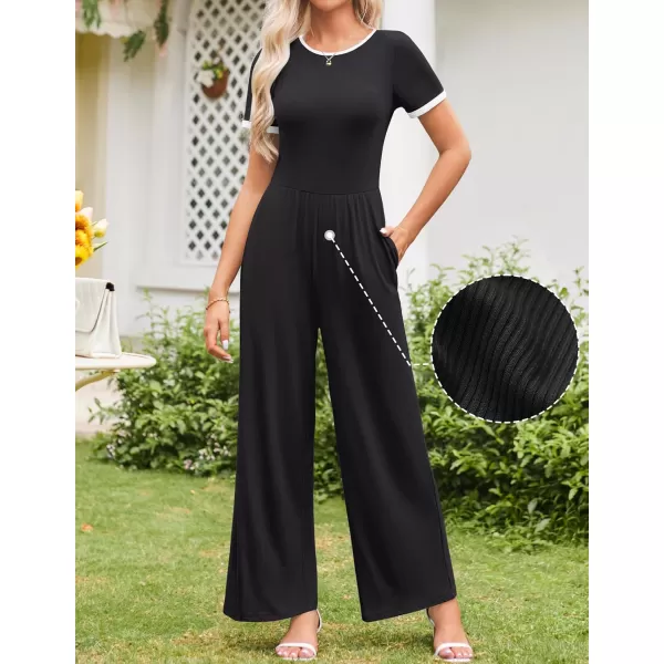 ZESICA Womens Short Sleeve Jumpsuits Dressy Summer Casual Fashion Outfits One Piece Wide Leg RompersBlack