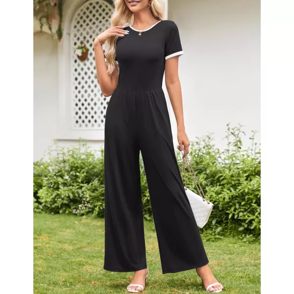 ZESICA Womens Short Sleeve Jumpsuits Dressy Summer Casual Fashion Outfits One Piece Wide Leg RompersBlack