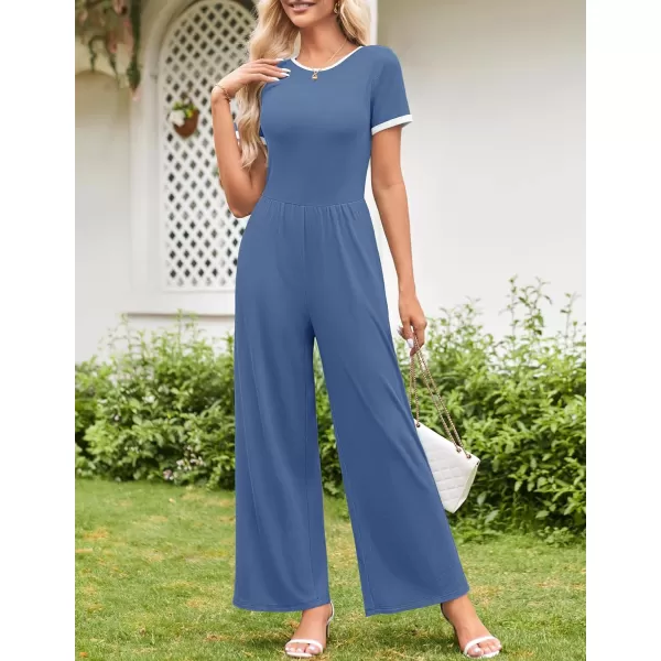 ZESICA Womens Short Sleeve Jumpsuits Dressy Summer Casual Fashion Outfits One Piece Wide Leg RompersBlue