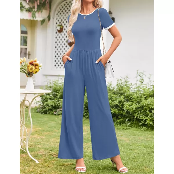 ZESICA Womens Short Sleeve Jumpsuits Dressy Summer Casual Fashion Outfits One Piece Wide Leg RompersBlue