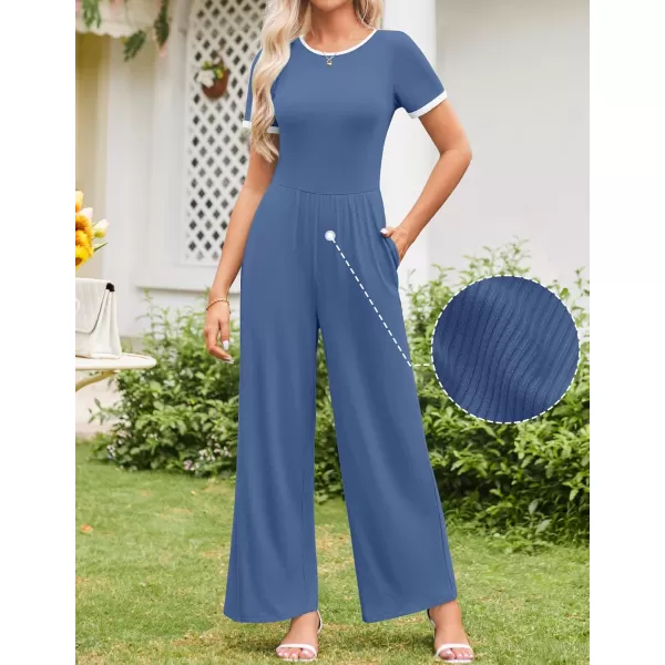 ZESICA Womens Short Sleeve Jumpsuits Dressy Summer Casual Fashion Outfits One Piece Wide Leg RompersBlue