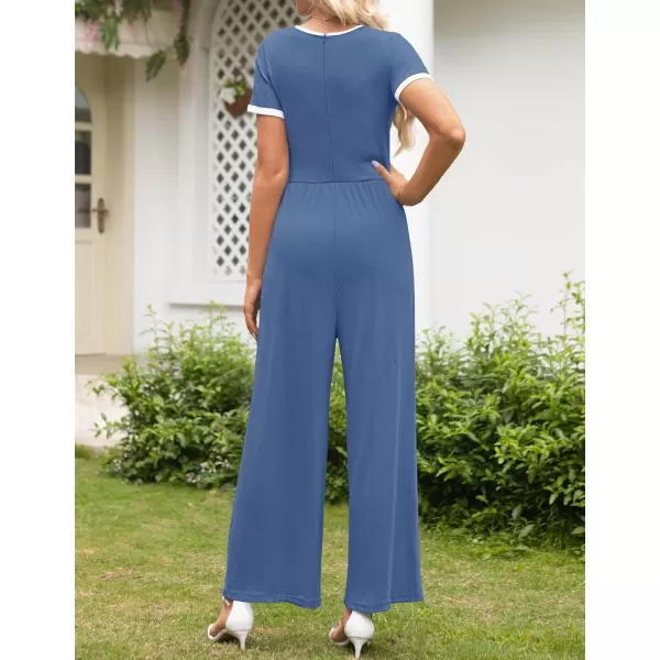 ZESICA Womens Short Sleeve Jumpsuits Dressy Summer Casual Fashion Outfits One Piece Wide Leg RompersBlue