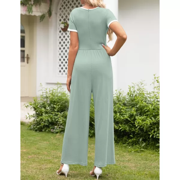 ZESICA Womens Short Sleeve Jumpsuits Dressy Summer Casual Fashion Outfits One Piece Wide Leg RompersGreen