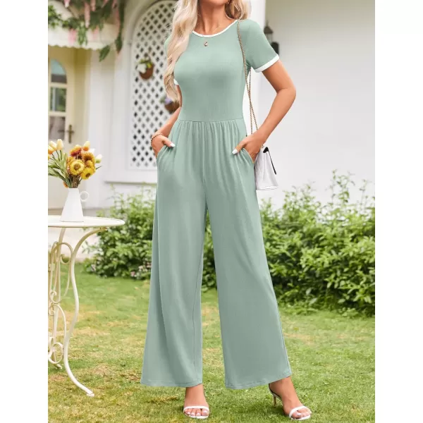 ZESICA Womens Short Sleeve Jumpsuits Dressy Summer Casual Fashion Outfits One Piece Wide Leg RompersGreen