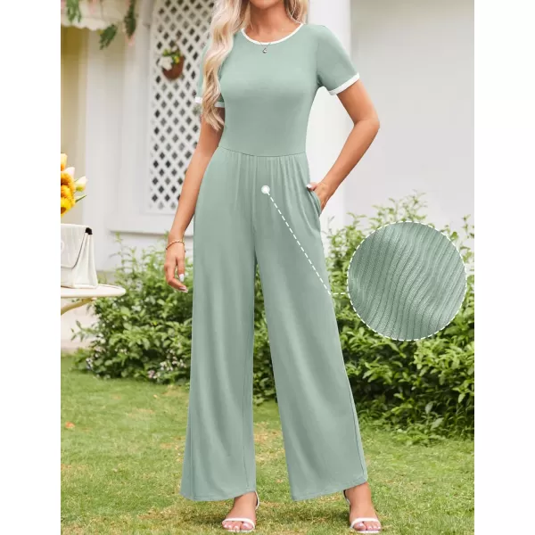 ZESICA Womens Short Sleeve Jumpsuits Dressy Summer Casual Fashion Outfits One Piece Wide Leg RompersGreen