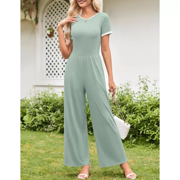 ZESICA Womens Short Sleeve Jumpsuits Dressy Summer Casual Fashion Outfits One Piece Wide Leg RompersGreen