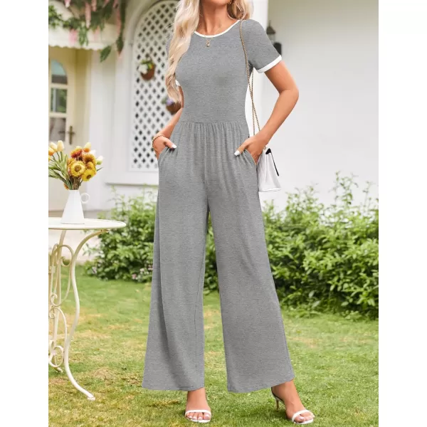 ZESICA Womens Short Sleeve Jumpsuits Dressy Summer Casual Fashion Outfits One Piece Wide Leg RompersGrey