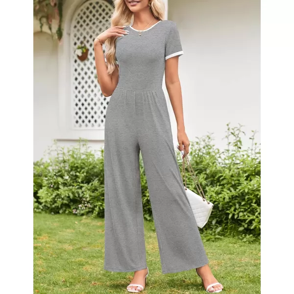 ZESICA Womens Short Sleeve Jumpsuits Dressy Summer Casual Fashion Outfits One Piece Wide Leg RompersGrey