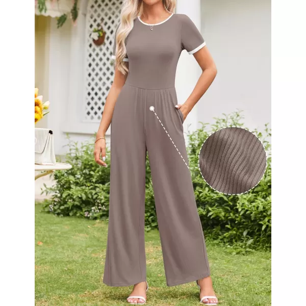 ZESICA Womens Short Sleeve Jumpsuits Dressy Summer Casual Fashion Outfits One Piece Wide Leg RompersNutmeg
