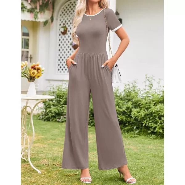ZESICA Womens Short Sleeve Jumpsuits Dressy Summer Casual Fashion Outfits One Piece Wide Leg RompersNutmeg