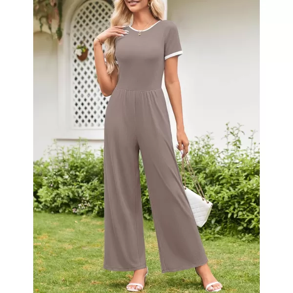 ZESICA Womens Short Sleeve Jumpsuits Dressy Summer Casual Fashion Outfits One Piece Wide Leg RompersNutmeg