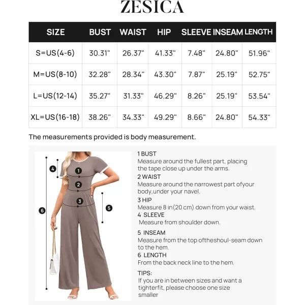 ZESICA Womens Short Sleeve Jumpsuits Dressy Summer Casual Fashion Outfits One Piece Wide Leg RompersNutmeg