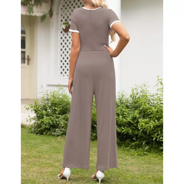 ZESICA Womens Short Sleeve Jumpsuits Dressy Summer Casual Fashion Outfits One Piece Wide Leg RompersNutmeg