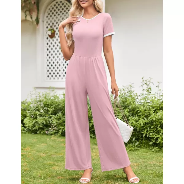 ZESICA Womens Short Sleeve Jumpsuits Dressy Summer Casual Fashion Outfits One Piece Wide Leg RompersPink