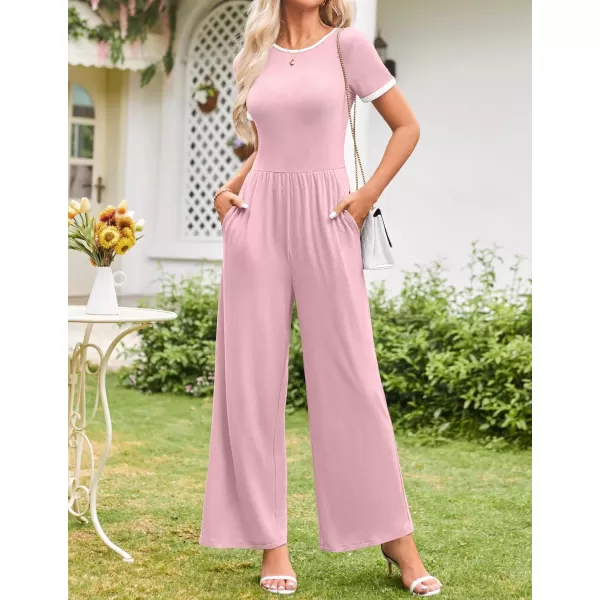 ZESICA Womens Short Sleeve Jumpsuits Dressy Summer Casual Fashion Outfits One Piece Wide Leg RompersPink