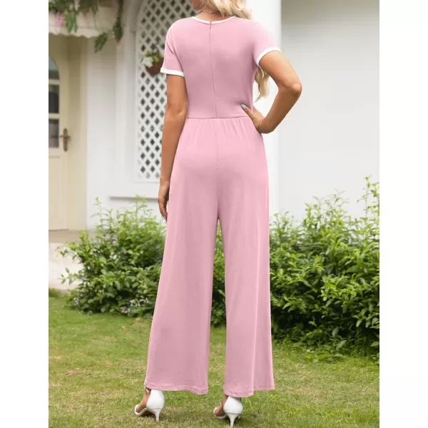 ZESICA Womens Short Sleeve Jumpsuits Dressy Summer Casual Fashion Outfits One Piece Wide Leg RompersPink