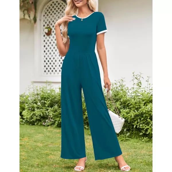ZESICA Womens Short Sleeve Jumpsuits Dressy Summer Casual Fashion Outfits One Piece Wide Leg RompersTeal