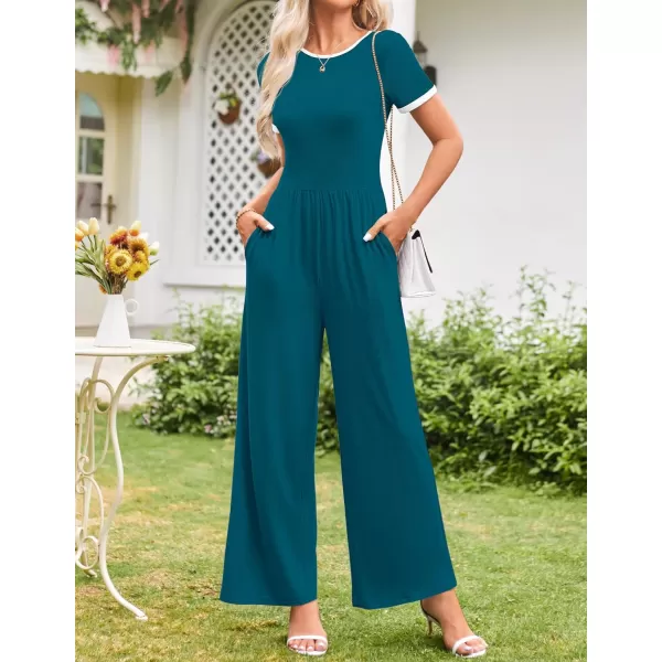 ZESICA Womens Short Sleeve Jumpsuits Dressy Summer Casual Fashion Outfits One Piece Wide Leg RompersTeal