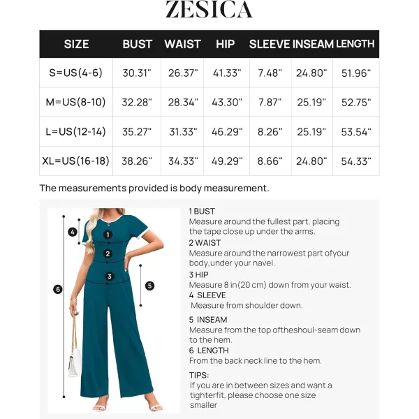 ZESICA Womens Short Sleeve Jumpsuits Dressy Summer Casual Fashion Outfits One Piece Wide Leg RompersTeal