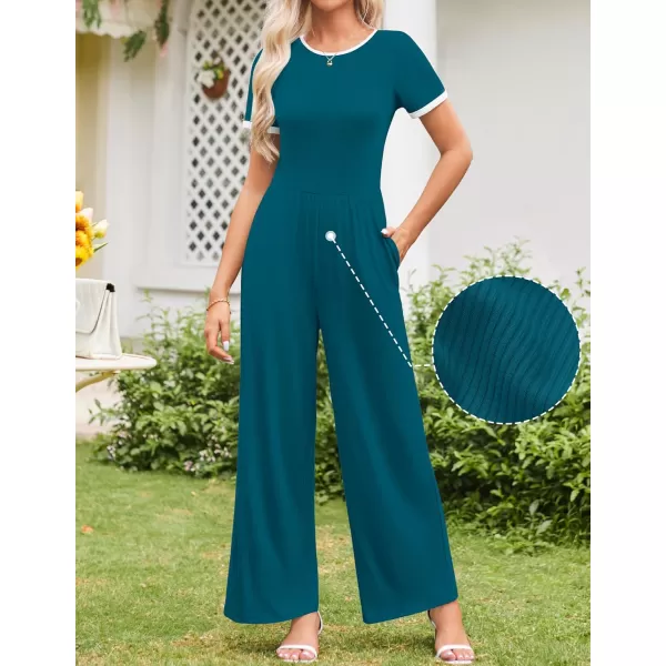 ZESICA Womens Short Sleeve Jumpsuits Dressy Summer Casual Fashion Outfits One Piece Wide Leg RompersTeal