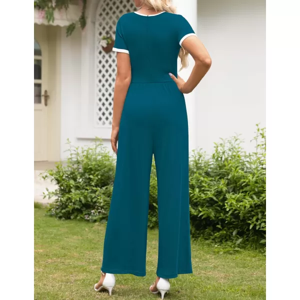 ZESICA Womens Short Sleeve Jumpsuits Dressy Summer Casual Fashion Outfits One Piece Wide Leg RompersTeal