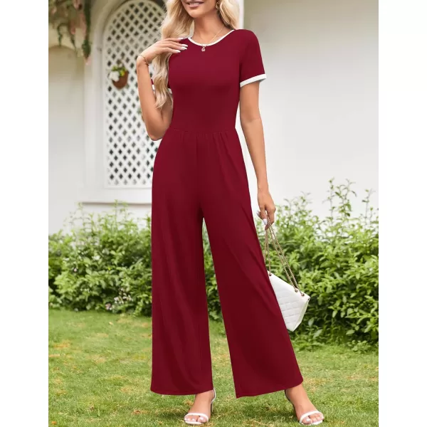 ZESICA Womens Short Sleeve Jumpsuits Dressy Summer Casual Fashion Outfits One Piece Wide Leg RompersWine