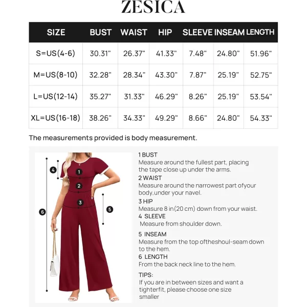 ZESICA Womens Short Sleeve Jumpsuits Dressy Summer Casual Fashion Outfits One Piece Wide Leg RompersWine