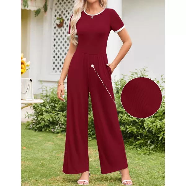 ZESICA Womens Short Sleeve Jumpsuits Dressy Summer Casual Fashion Outfits One Piece Wide Leg RompersWine