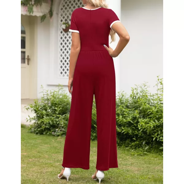 ZESICA Womens Short Sleeve Jumpsuits Dressy Summer Casual Fashion Outfits One Piece Wide Leg RompersWine