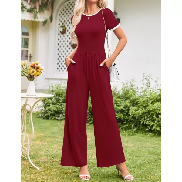 ZESICA Womens Short Sleeve Jumpsuits Dressy Summer Casual Fashion Outfits One Piece Wide Leg RompersWine