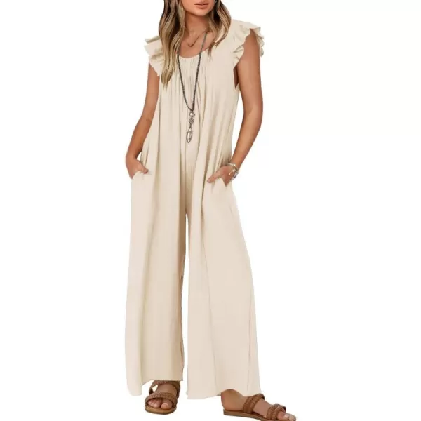 ZESICA Womens 2024 Summer Loose Jumpsuit Casual V Neck Sleeveless Oversized Wide Leg Pant Overalls Romper with PocketsApricot