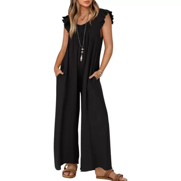 ZESICA Womens 2024 Summer Loose Jumpsuit Casual V Neck Sleeveless Oversized Wide Leg Pant Overalls Romper with PocketsBlack
