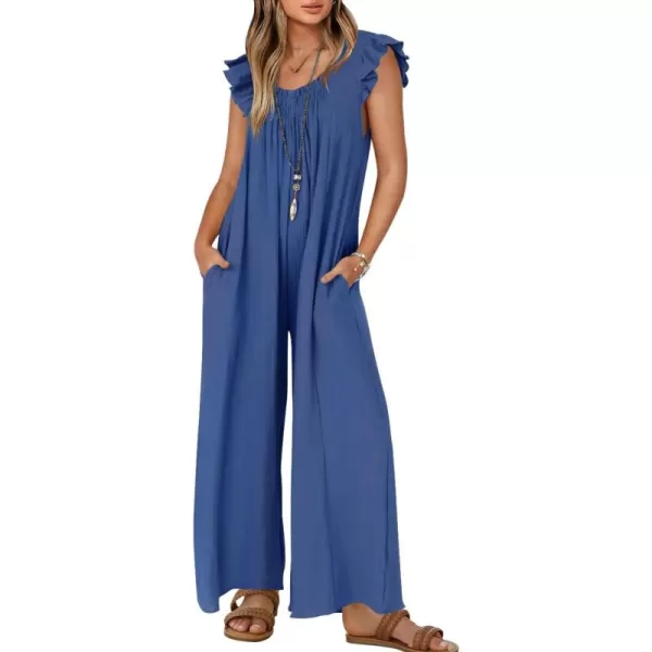 ZESICA Womens 2024 Summer Loose Jumpsuit Casual V Neck Sleeveless Oversized Wide Leg Pant Overalls Romper with PocketsBlue