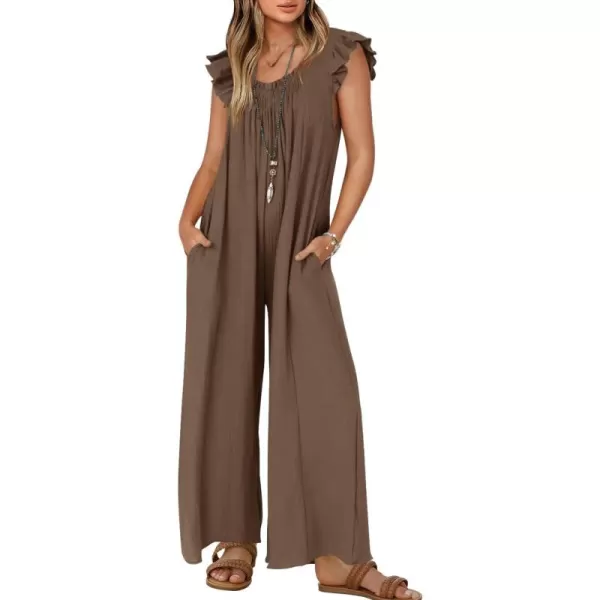 ZESICA Womens 2024 Summer Loose Jumpsuit Casual V Neck Sleeveless Oversized Wide Leg Pant Overalls Romper with PocketsCoffee