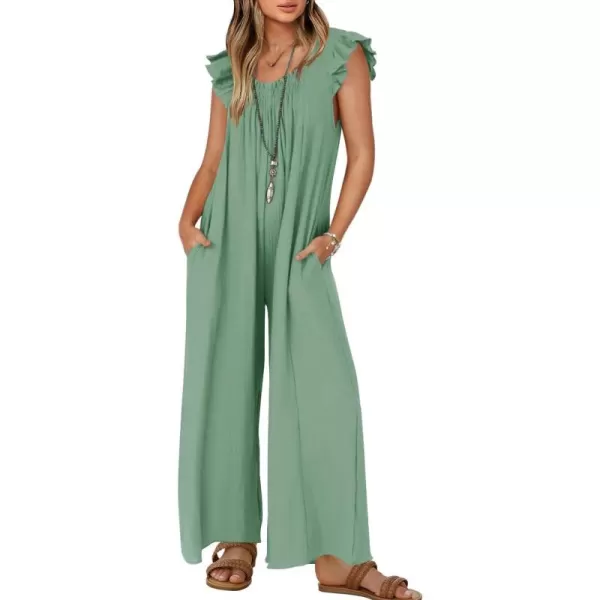 ZESICA Womens 2024 Summer Loose Jumpsuit Casual V Neck Sleeveless Oversized Wide Leg Pant Overalls Romper with PocketsGreen