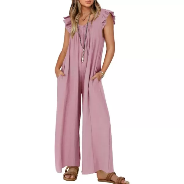 ZESICA Womens 2024 Summer Loose Jumpsuit Casual V Neck Sleeveless Oversized Wide Leg Pant Overalls Romper with PocketsPink