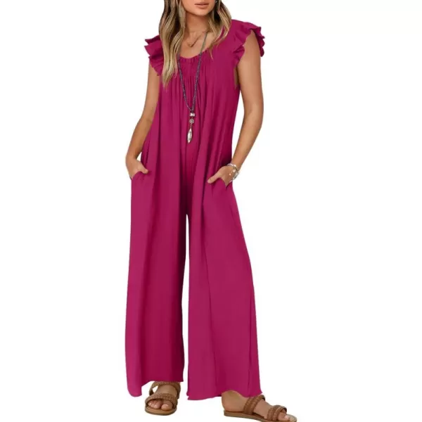 ZESICA Womens 2024 Summer Loose Jumpsuit Casual V Neck Sleeveless Oversized Wide Leg Pant Overalls Romper with PocketsRose Red