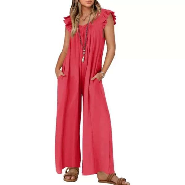 ZESICA Womens 2024 Summer Loose Jumpsuit Casual V Neck Sleeveless Oversized Wide Leg Pant Overalls Romper with PocketsWatermelon Red