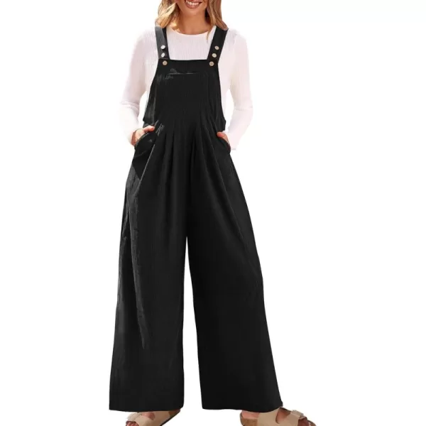 ZESICA Womens Casual Overalls Jumpsuits Loose Corduroy Bib Adjustable Straps Wide Leg Long Pant Romper with PocketsBlack