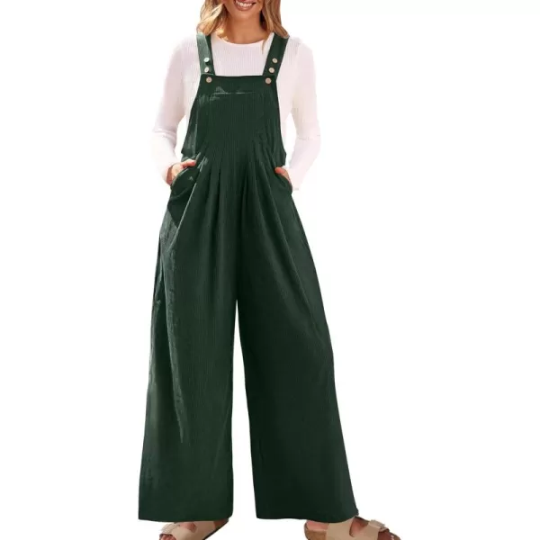 ZESICA Womens Casual Overalls Jumpsuits Loose Corduroy Bib Adjustable Straps Wide Leg Long Pant Romper with PocketsDarkgreen