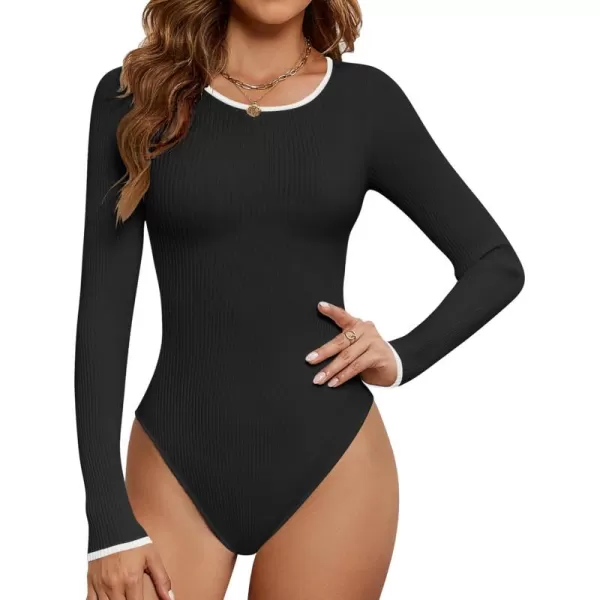 ZESICA Womens Long Sleeve Ribbed Bodysuits 2024 Fall Crewneck Knit Basic Body Suit TopsBlack