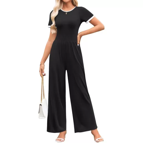 ZESICA Womens Short Sleeve Jumpsuits Dressy Summer Casual Fashion Outfits One Piece Wide Leg RompersBlack