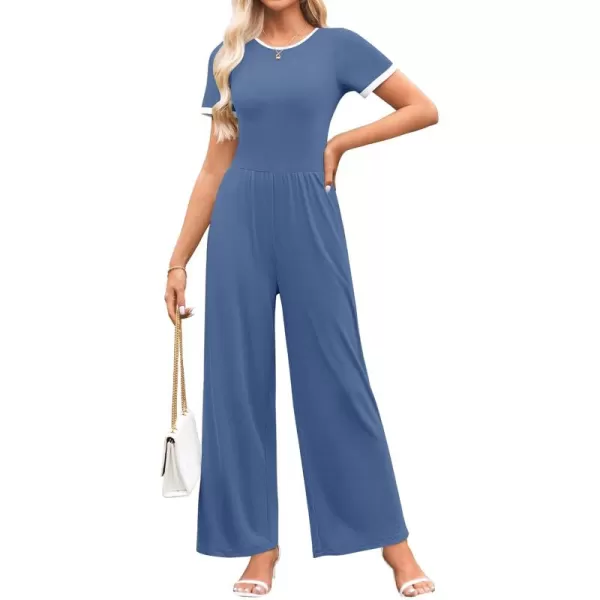 ZESICA Womens Short Sleeve Jumpsuits Dressy Summer Casual Fashion Outfits One Piece Wide Leg RompersBlue