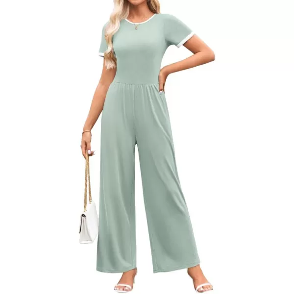 ZESICA Womens Short Sleeve Jumpsuits Dressy Summer Casual Fashion Outfits One Piece Wide Leg RompersGreen
