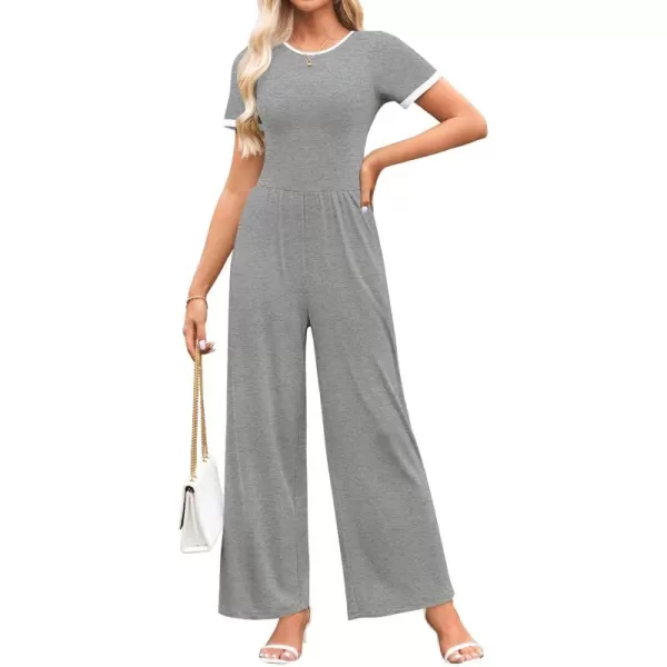 ZESICA Womens Short Sleeve Jumpsuits Dressy Summer Casual Fashion Outfits One Piece Wide Leg RompersGrey