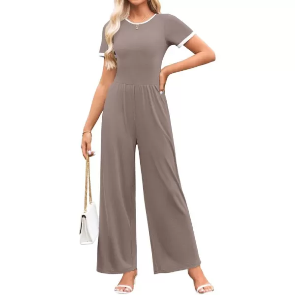 ZESICA Womens Short Sleeve Jumpsuits Dressy Summer Casual Fashion Outfits One Piece Wide Leg RompersNutmeg