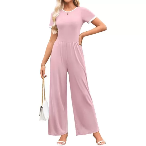 ZESICA Womens Short Sleeve Jumpsuits Dressy Summer Casual Fashion Outfits One Piece Wide Leg RompersPink
