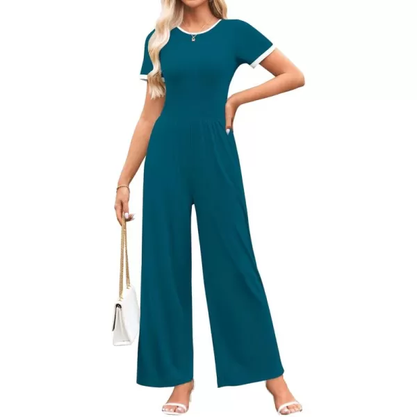 ZESICA Womens Short Sleeve Jumpsuits Dressy Summer Casual Fashion Outfits One Piece Wide Leg RompersTeal