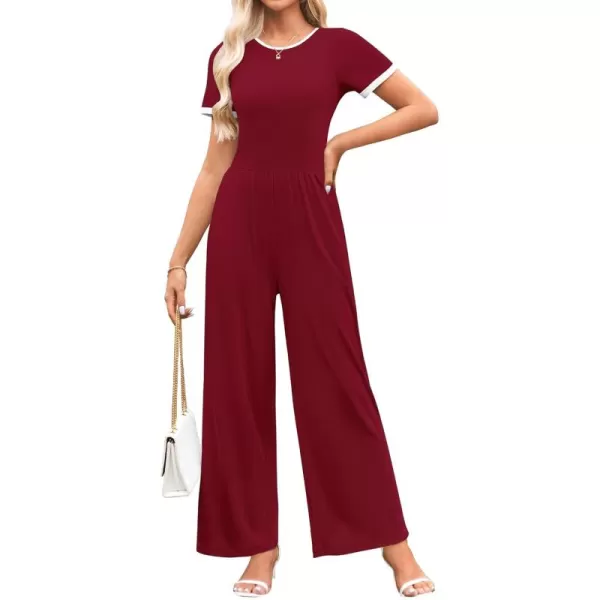 ZESICA Womens Short Sleeve Jumpsuits Dressy Summer Casual Fashion Outfits One Piece Wide Leg RompersWine